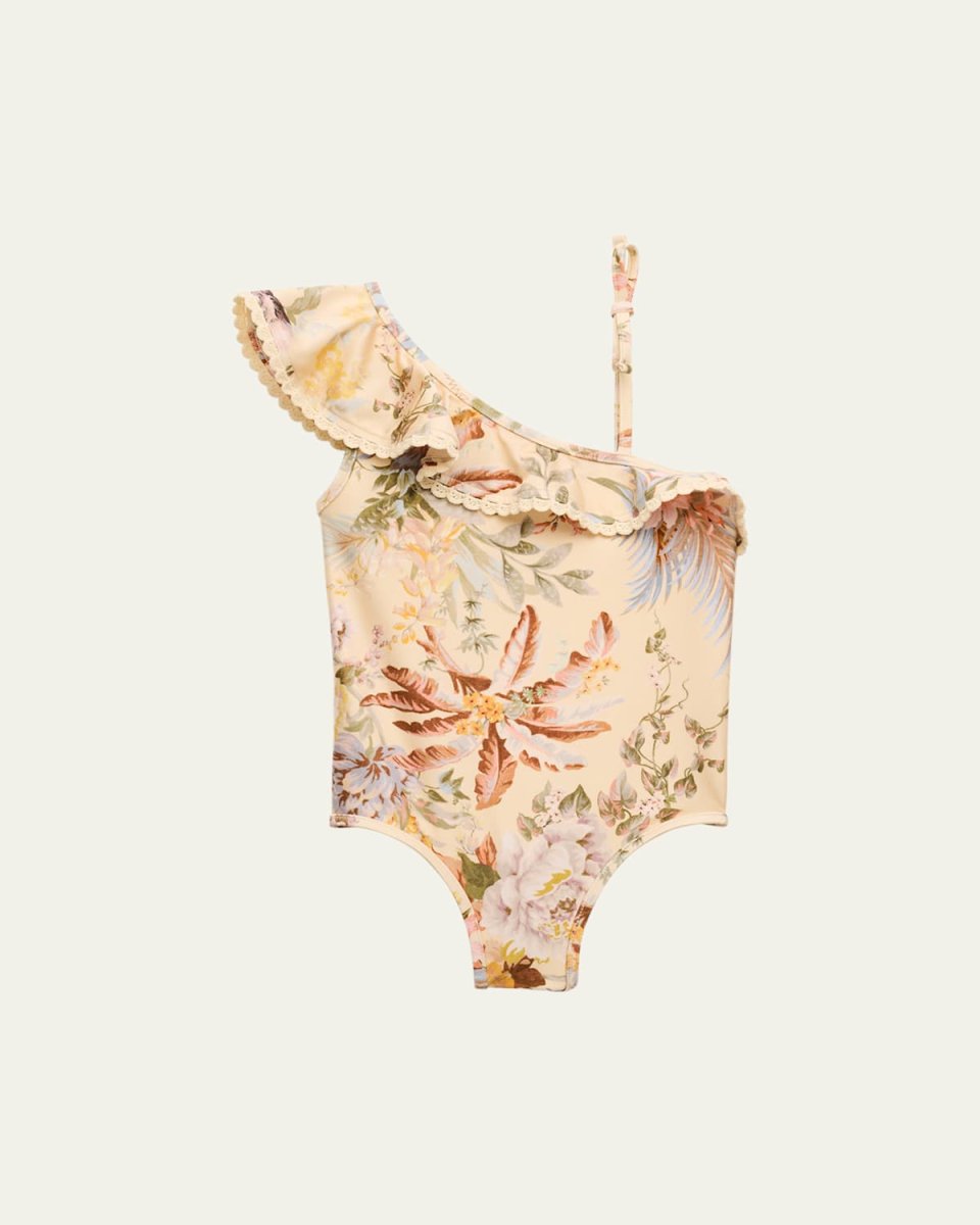 Girl's Tallow Floral-Print Frill One Shoulder Swimsuit, Size 1-12